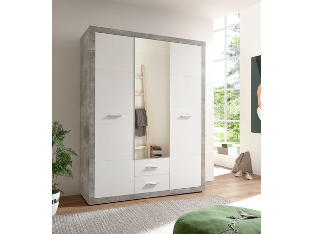 Kledingkast storck 151cm 3 deuren & 2 lades & spiegel - beton/wit - afbeelding 1 van  7