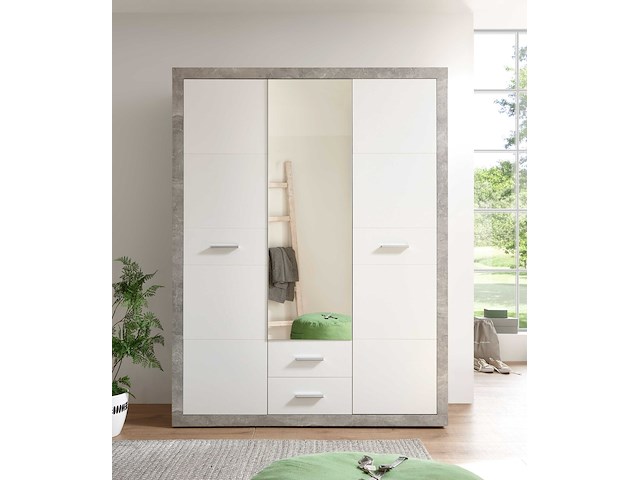 Kledingkast storck 151cm 3 deuren & 2 lades & spiegel - beton/wit - afbeelding 3 van  7