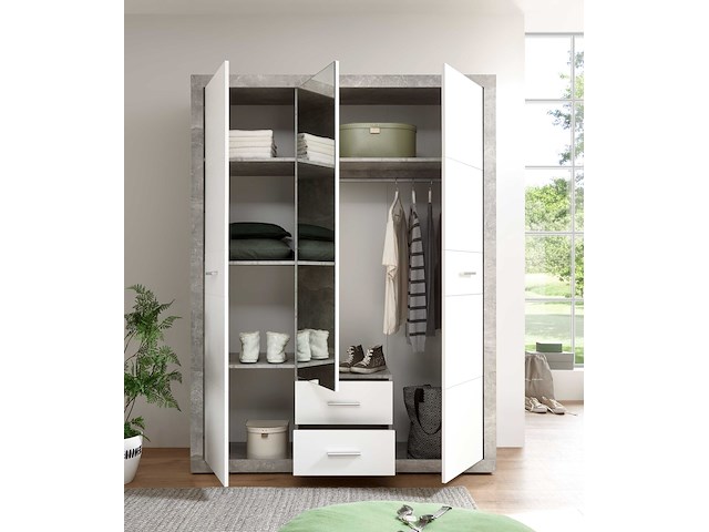 Kledingkast storck 151cm 3 deuren & 2 lades & spiegel - beton/wit - afbeelding 4 van  7