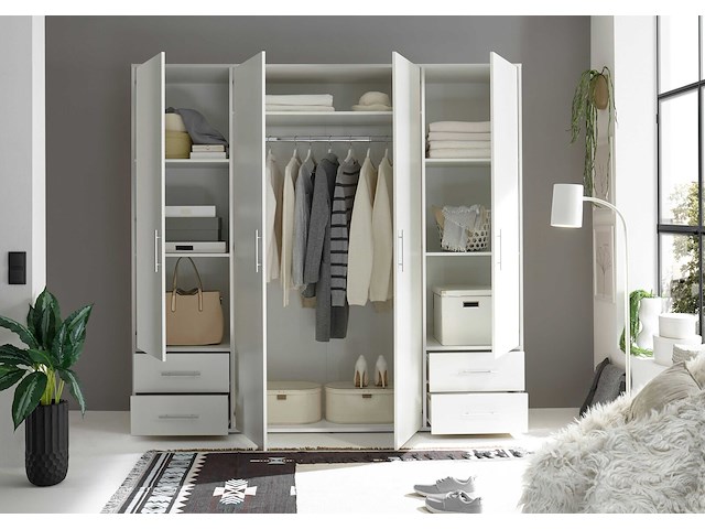 Kledingkast valencia - 206x60x195cm - 4 deuren & 4 lades - wit - afbeelding 4 van  7