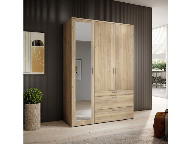 Kledingkast vasili - 135x56x195cm - 3 deuren & 3 lades - eikdecor - afbeelding 1 van  6