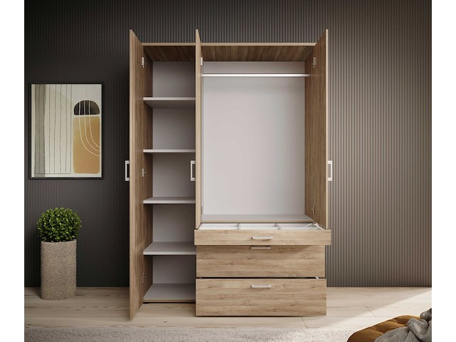 Kledingkast vasili - 135x56x195cm - 3 deuren & 3 lades - eikdecor - afbeelding 3 van  6