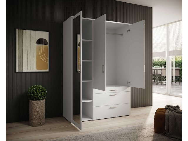 Kledingkast vasili - 135x56x195cm - 3 deuren & 3 lades - wit - afbeelding 2 van  7