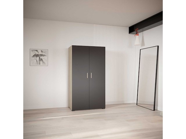 Kleerkast liva 2 draaideuren, 1 kledingroede en 4 legplanken-kronberg eik/matzwart - afbeelding 1 van  7