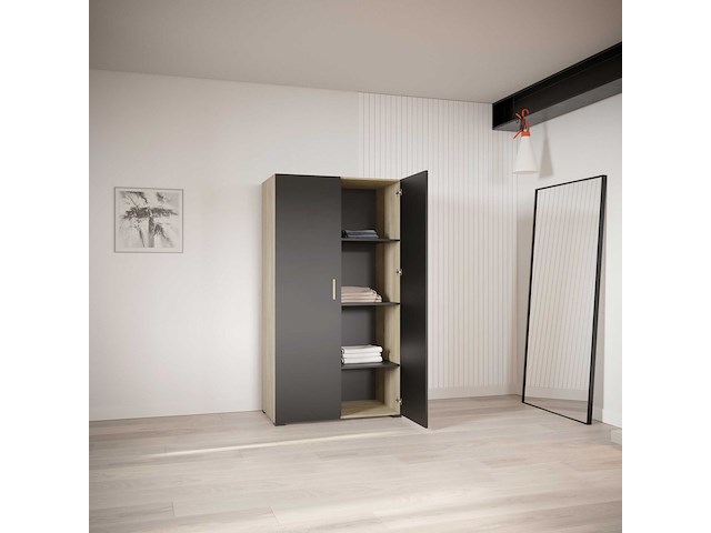 Kleerkast liva 2 draaideuren, 1 kledingroede en 4 legplanken-kronberg eik/matzwart - afbeelding 2 van  7