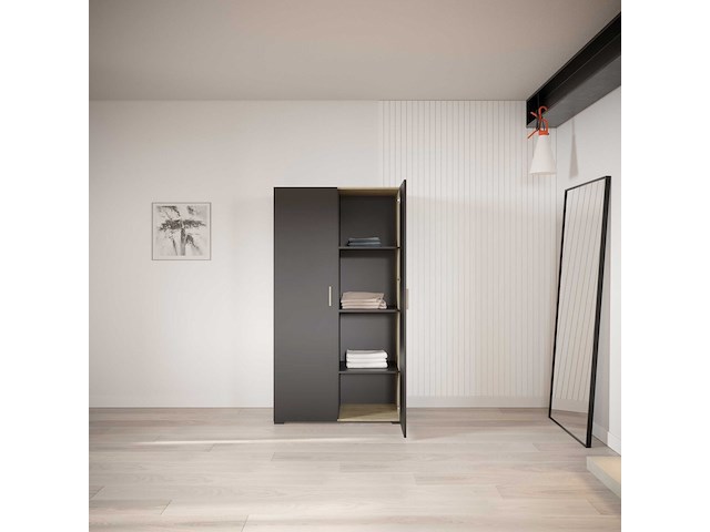 Kleerkast liva 2 draaideuren, 1 kledingroede en 4 legplanken-kronberg eik/matzwart - afbeelding 3 van  7
