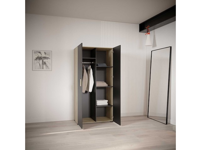 Kleerkast liva 2 draaideuren, 1 kledingroede en 4 legplanken-kronberg eik/matzwart - afbeelding 4 van  7
