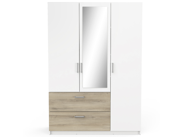 Kleerkast ryan 3 draaideuren, 4 legplanken, 1 kledingroede en 2 lades-kronberg eik/mat wit - afbeelding 1 van  7