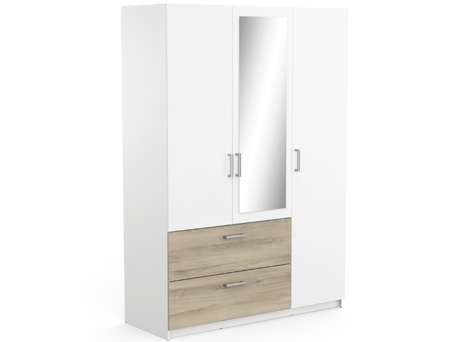 Kleerkast ryan 3 draaideuren, 4 legplanken, 1 kledingroede en 2 lades-kronberg eik/mat wit - afbeelding 2 van  7