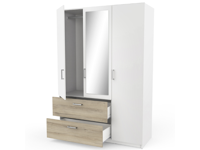Kleerkast ryan 3 draaideuren, 4 legplanken, 1 kledingroede en 2 lades-kronberg eik/mat wit - afbeelding 3 van  7