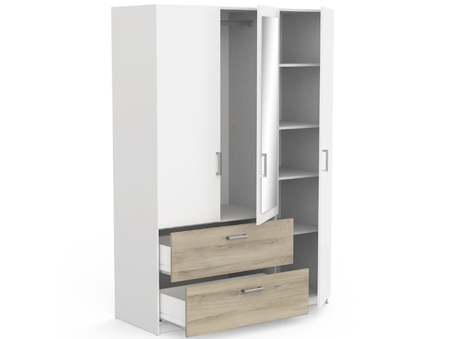 Kleerkast ryan 3 draaideuren, 4 legplanken, 1 kledingroede en 2 lades-kronberg eik/mat wit - afbeelding 4 van  7