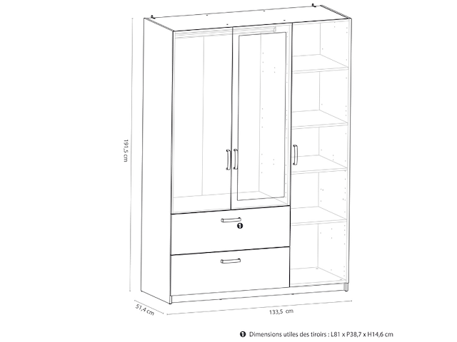 Kleerkast ryan 3 draaideuren, 4 legplanken, 1 kledingroede en 2 lades-kronberg eik/mat wit - afbeelding 6 van  7