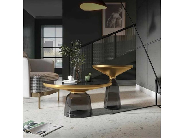 Kleine bell-tafel - grijs glazen voetstuk - zwart glazen blad - afbeelding 4 van  5