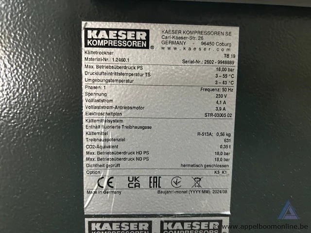 Koeldroger kaeser kompressoren tb 19, bouwjaar 2024, serienummer 2602-9948889. voorzien van een uitgangsspanning van 230 v en 1 fase. - afbeelding 2 van  2