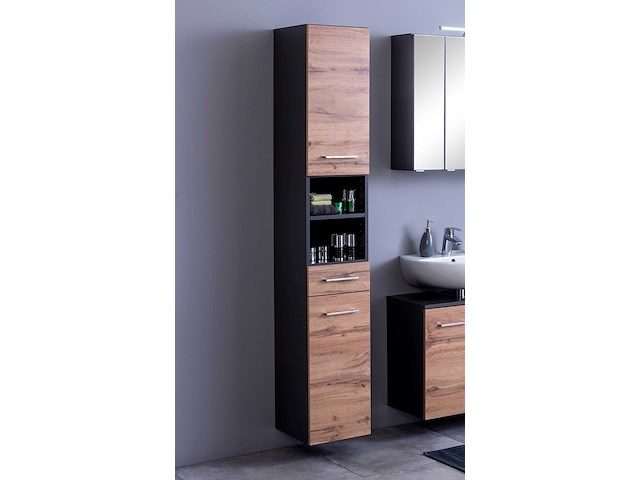 Kolomkast pares 30cm 2 deuren & 1 lade - grafiet/wotan eik - afbeelding 1 van  7