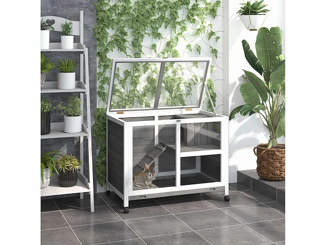 Konijnenhok op wielen, klein dierenverblijf in massief hout, 2 verdiepingen, schuifdakplatforms, 91,5 x 53,3 x 73 cm, grijs - afbeelding 1 van  6
