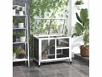Konijnenhok op wielen, klein dierenverblijf in massief hout, 2 verdiepingen, schuifdakplatforms, 91,5 x 53,3 x 73 cm, grijs