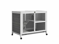 Konijnenhok op wielen, klein dierenverblijf in massief hout, 2 verdiepingen, schuifdakplatforms, 91,5 x 53,3 x 73 cm, grijs - afbeelding 2 van  6