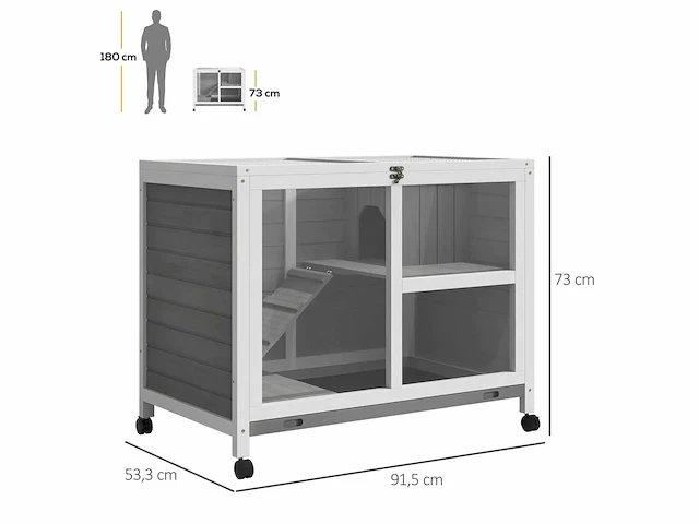 Konijnenhok op wielen, klein dierenverblijf in massief hout, 2 verdiepingen, schuifdakplatforms, 91,5 x 53,3 x 73 cm, grijs - afbeelding 3 van  6
