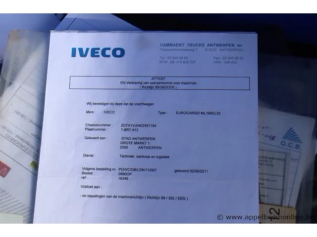 Kraanwagen iveco 190el, datum 1ste inschr 17/8/2011, chassis nr zcfa1vj0402581184, diesel, euro 5, ttm 19000kg, vv kraan hmf rcl 5300 (defect), km-stand laatste keuring 87856, schade rondom - afbeelding 9 van  17