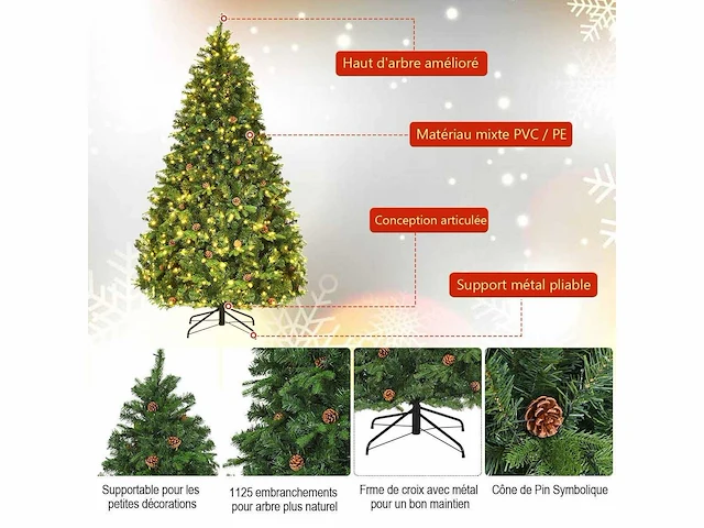 Kunstmatige kerstboom 225 cm met 61 dennenappels en led-verlichting - afbeelding 3 van  11