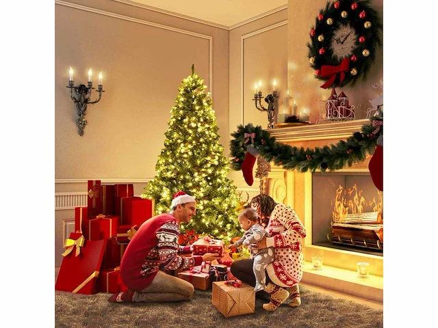 Kunstmatige kerstboom 240cm kerstboom 81 dennenappels, led-lampen, metalen voet 60cm, pvc en pe, groen - afbeelding 1 van  9