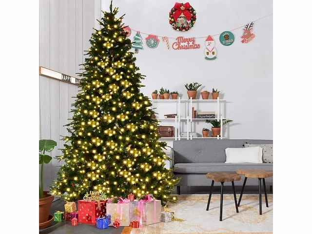 Kunstmatige kerstboom 240cm kerstboom 81 dennenappels, led-lampen, metalen voet 60cm, pvc en pe, groen - afbeelding 6 van  9