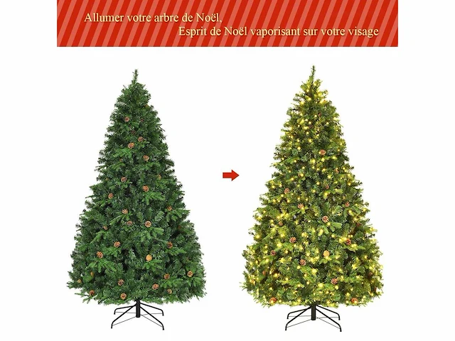 Kunstmatige kerstboom 240cm kerstboom 81 dennenappels, led-lampen, metalen voet 60cm, pvc en pe, groen - afbeelding 8 van  9
