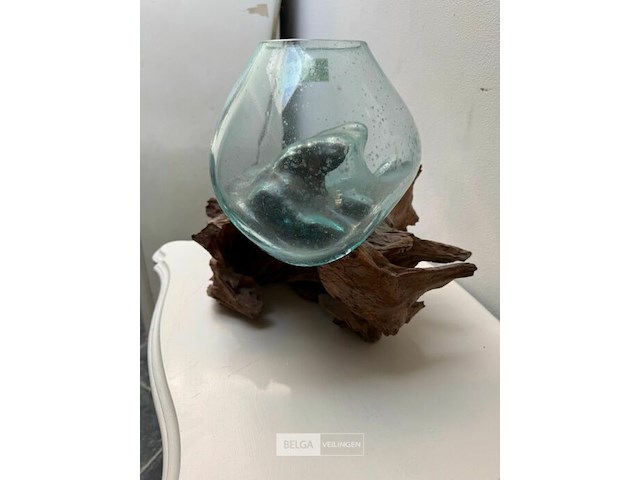 Kunstwerk teakwortel met geblazen glas - afbeelding 2 van  2
