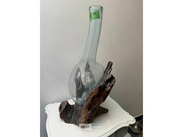 Kunstwerk teakwortel met geblazen glas - afbeelding 1 van  3