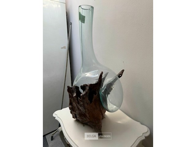 Kunstwerk teakwortel met geblazen glas - afbeelding 2 van  3
