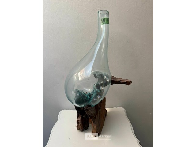 Kunstwerk teakwortel met geblazen glas - afbeelding 1 van  3