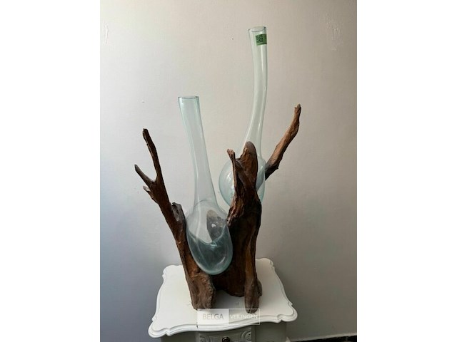 Kunstwerk teakwortel met geblazen glas - afbeelding 1 van  3