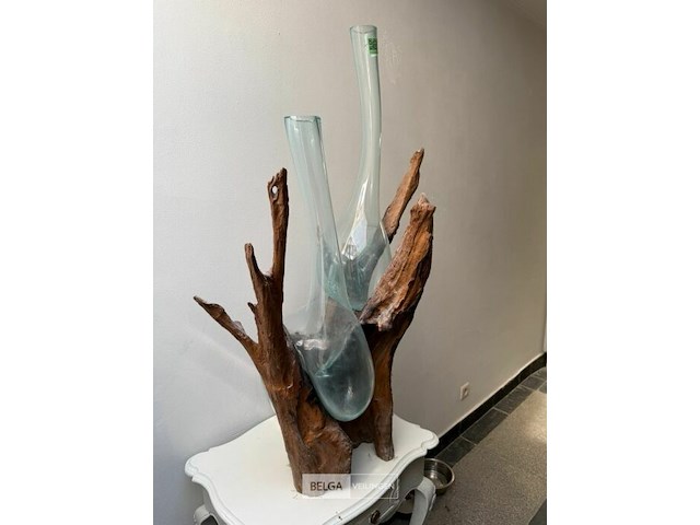 Kunstwerk teakwortel met geblazen glas - afbeelding 2 van  3