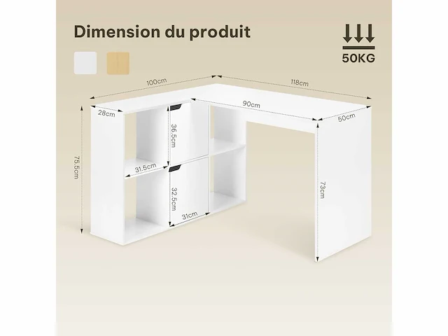 L-vormig hoekbureau met opberg, wit, 118x100x75 cm - afbeelding 4 van  6