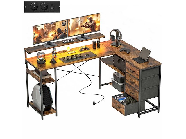 L-vormige speeltafel bureau met stopcontact led-verlichting - afbeelding 1 van  2
