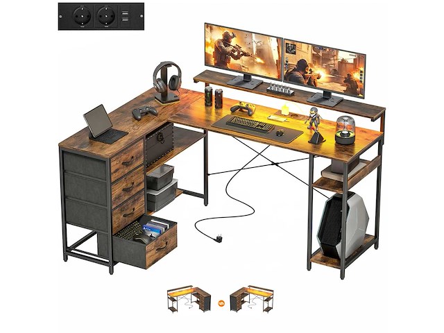 L-vormige speeltafel bureau met stopcontact led-verlichting - afbeelding 2 van  2