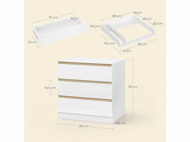 Ladekast met verschoontafel voor kinderen, ladekast met 3 lades - afbeelding 2 van  7