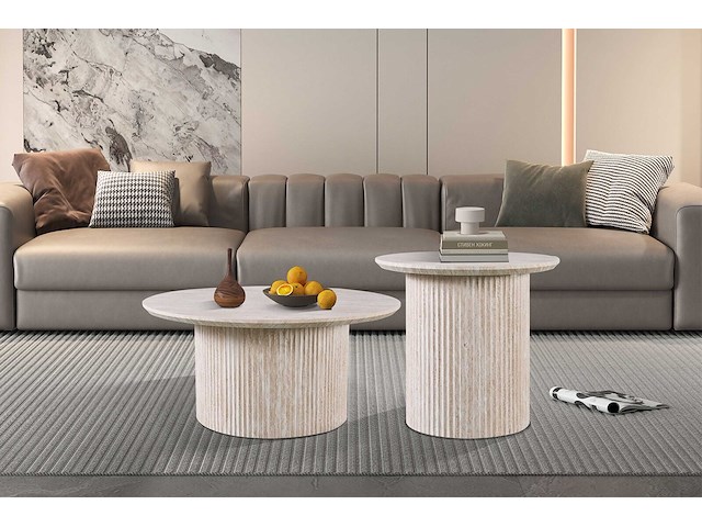 Lagos' 80 cm ronde salontafel travertin beige | bovenblad met 3d papier op mdf - afbeelding 2 van  7