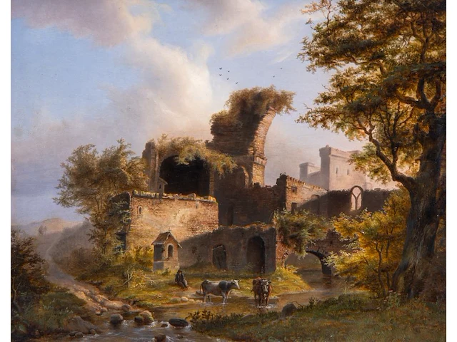 Landscape with cattle resting near ruins, oil on panel 33.5 x 41 cm. (13.18 x 16.14 in.), frame: 50 x 58 cm. (19.67 x 22.82 in.) - afbeelding 1 van  5