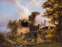 Landscape with cattle resting near ruins, oil on panel 33.5 x 41 cm. (13.18 x 16.14 in.), frame: 50 x 58 cm. (19.67 x 22.82 in.)