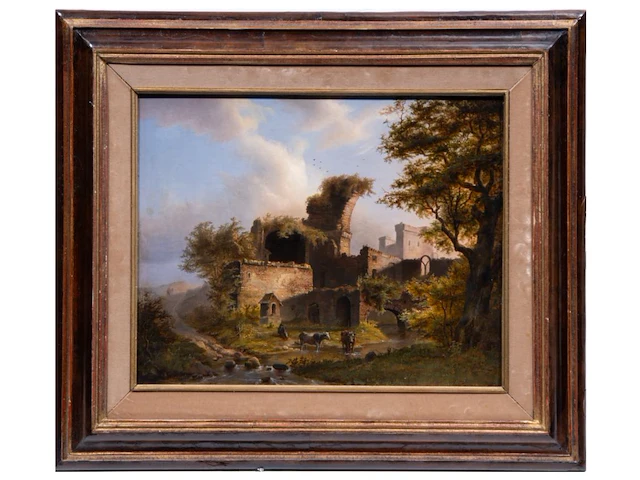 Landscape with cattle resting near ruins, oil on panel 33.5 x 41 cm. (13.18 x 16.14 in.), frame: 50 x 58 cm. (19.67 x 22.82 in.) - afbeelding 2 van  5