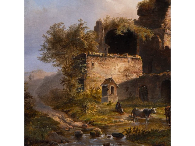 Landscape with cattle resting near ruins, oil on panel 33.5 x 41 cm. (13.18 x 16.14 in.), frame: 50 x 58 cm. (19.67 x 22.82 in.) - afbeelding 4 van  5