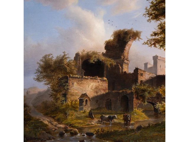 Landscape with cattle resting near ruins, oil on panel 33.5 x 41 cm. (13.18 x 16.14 in.), frame: 50 x 58 cm. (19.67 x 22.82 in.) - afbeelding 5 van  5