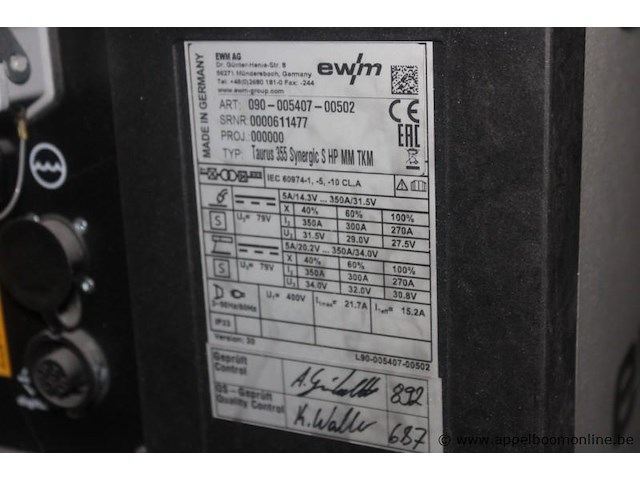 Lasapparaat ewm taurus 355 synergic s hp mm tkm, serienummer 0000611477, 400 v, 3 fasen, ce-gemarkeerd, laswagen, laskabels, werking niet gekend - afbeelding 3 van  3