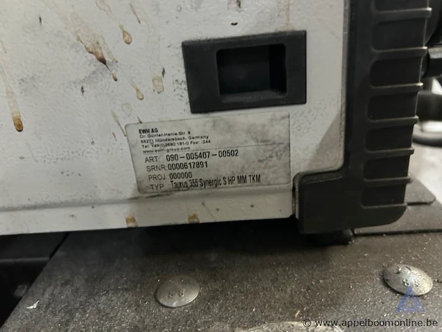 Lasapparaat ewm taurus 355 synergic s hp mmm tkm, serienummer 0000617891. inclusief gasfles, draadaanvoer en slangenpakket op verrijdbaar onderstel. - afbeelding 3 van  3