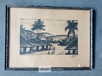 Lavis op papier, andré, dorp in africa
