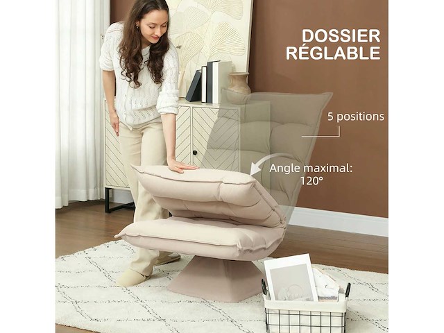 Lazy floor fauteuil, relax-fauteuil met lig, verstelbare rugleuning, 360° draaibaar, beige linnen bekleding - afbeelding 1 van  2