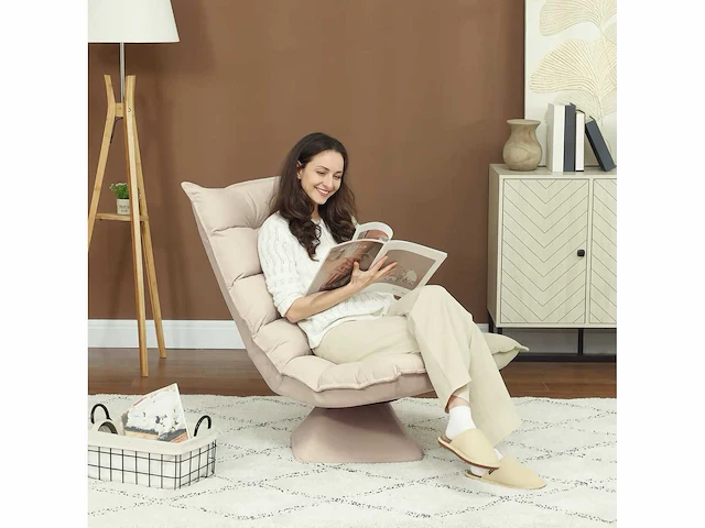 Lazy floor fauteuil, relax-fauteuil met lig, verstelbare rugleuning, 360° draaibaar, beige linnen bekleding - afbeelding 1 van  6