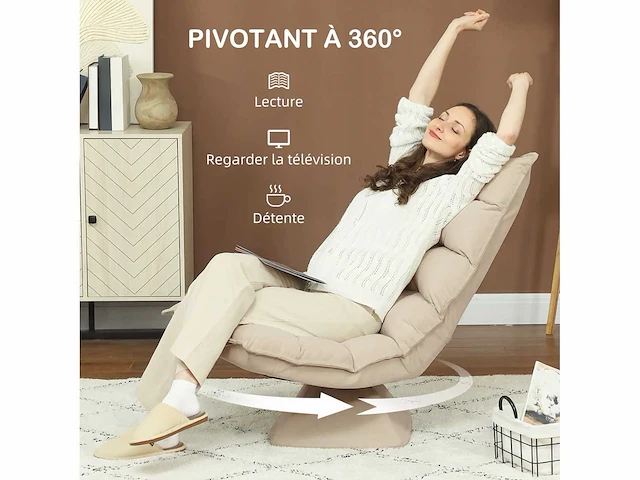 Lazy floor fauteuil, relax-fauteuil met lig, verstelbare rugleuning, 360° draaibaar, beige linnen bekleding - afbeelding 5 van  6